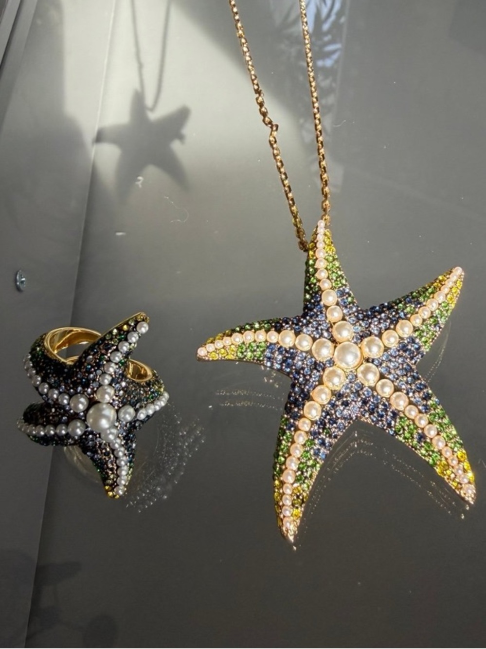 Swarovski Gold Starfish Necklace & Ring Set with Blue, Green and Pearl Accents